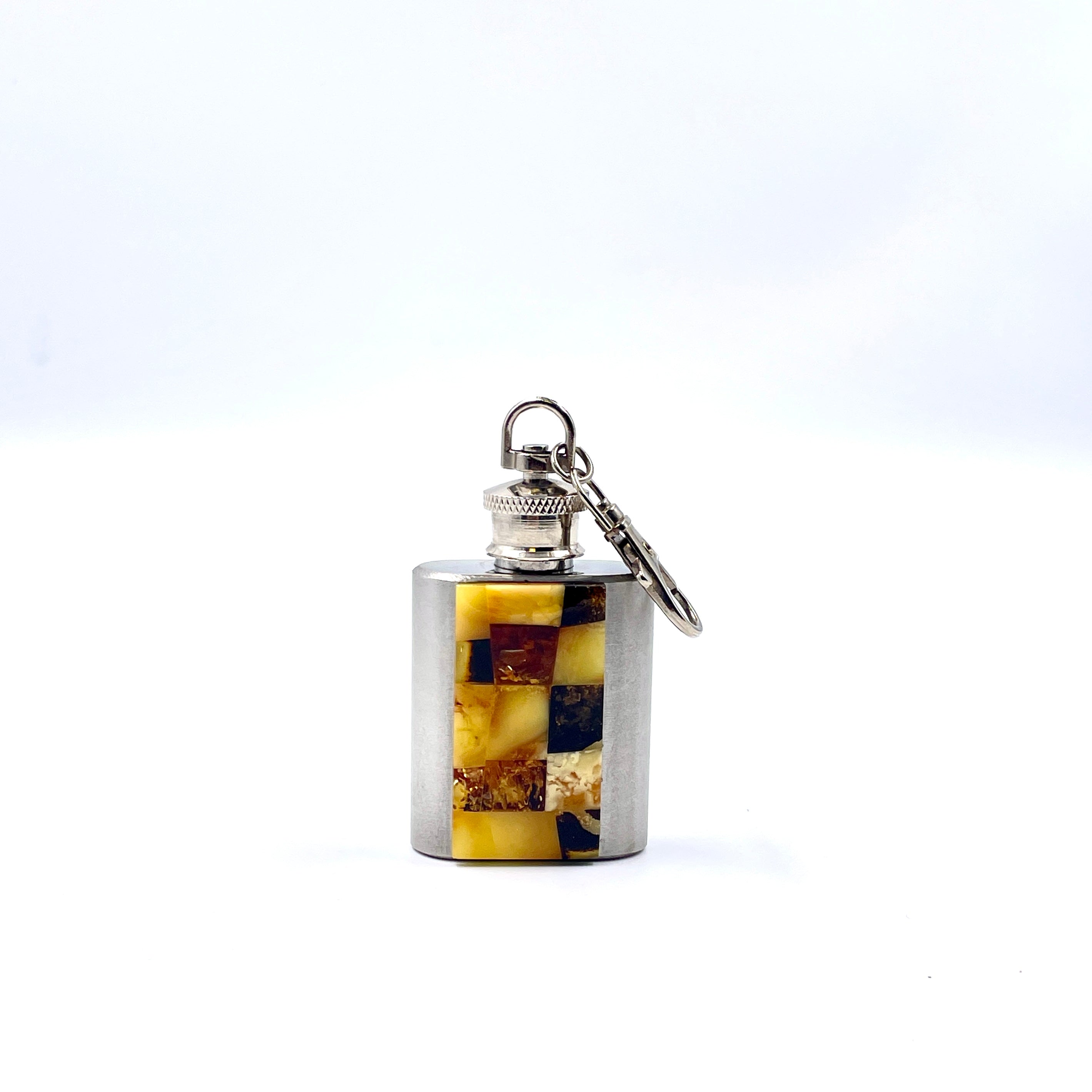 Keychain with mini flask decorated with amber mosaic