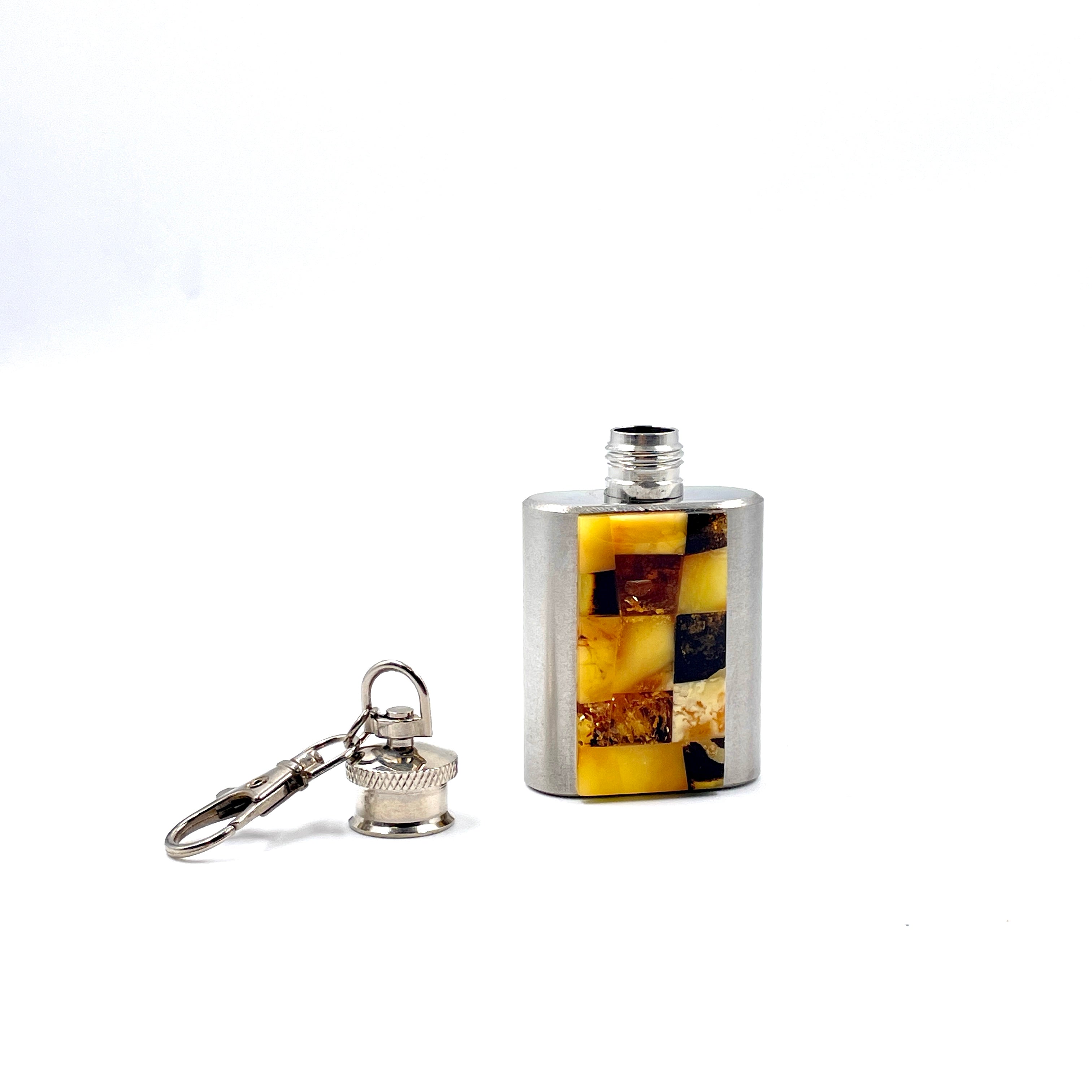 Keychain with mini flask decorated with amber mosaic