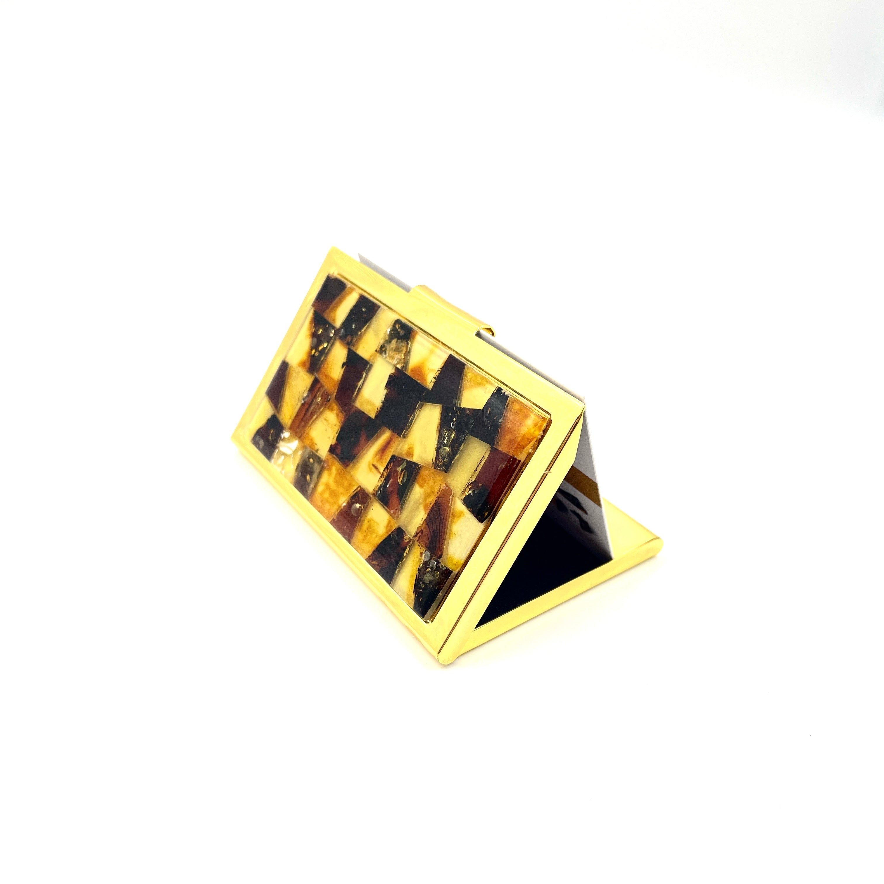 Business card holder decorated with amber mosaic