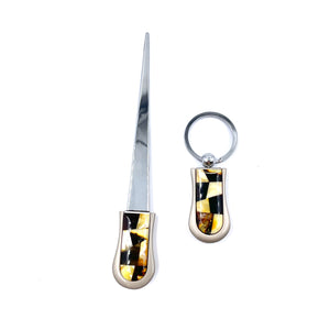 Keychain and letter opener decorated with amber mosaic