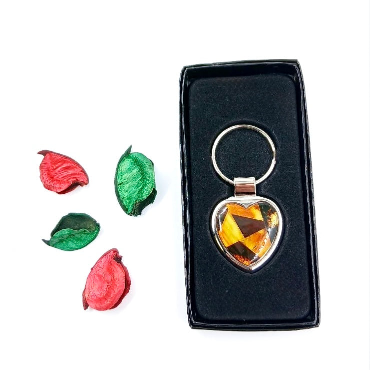Baltic amber heart keychain with natural honey-colored stone - handcrafted Valentine's gift"