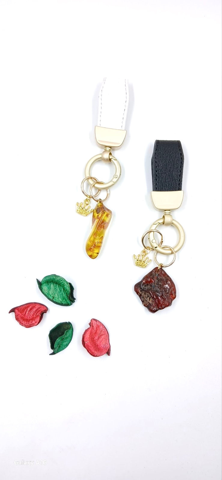 Baltic amber keychains set - white and dark amber stones with leather cords, handcrafted accessories