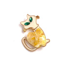 Elegant Gold Cat Brooch with Green Eyes and Glossy Yellow Enamel Body - Stylish Brooch