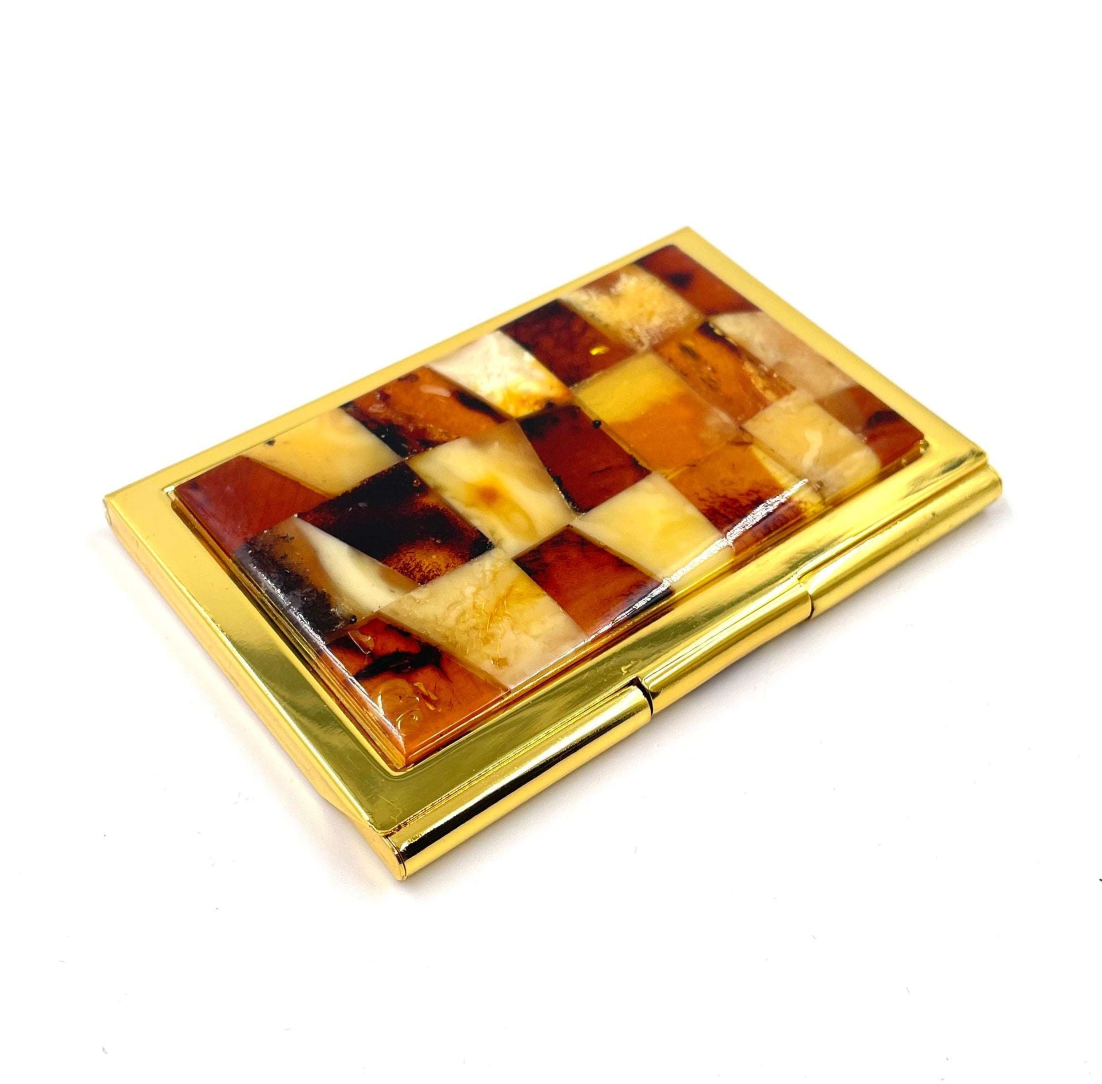Elegant Golden Card Case With Baltic Amber Detail