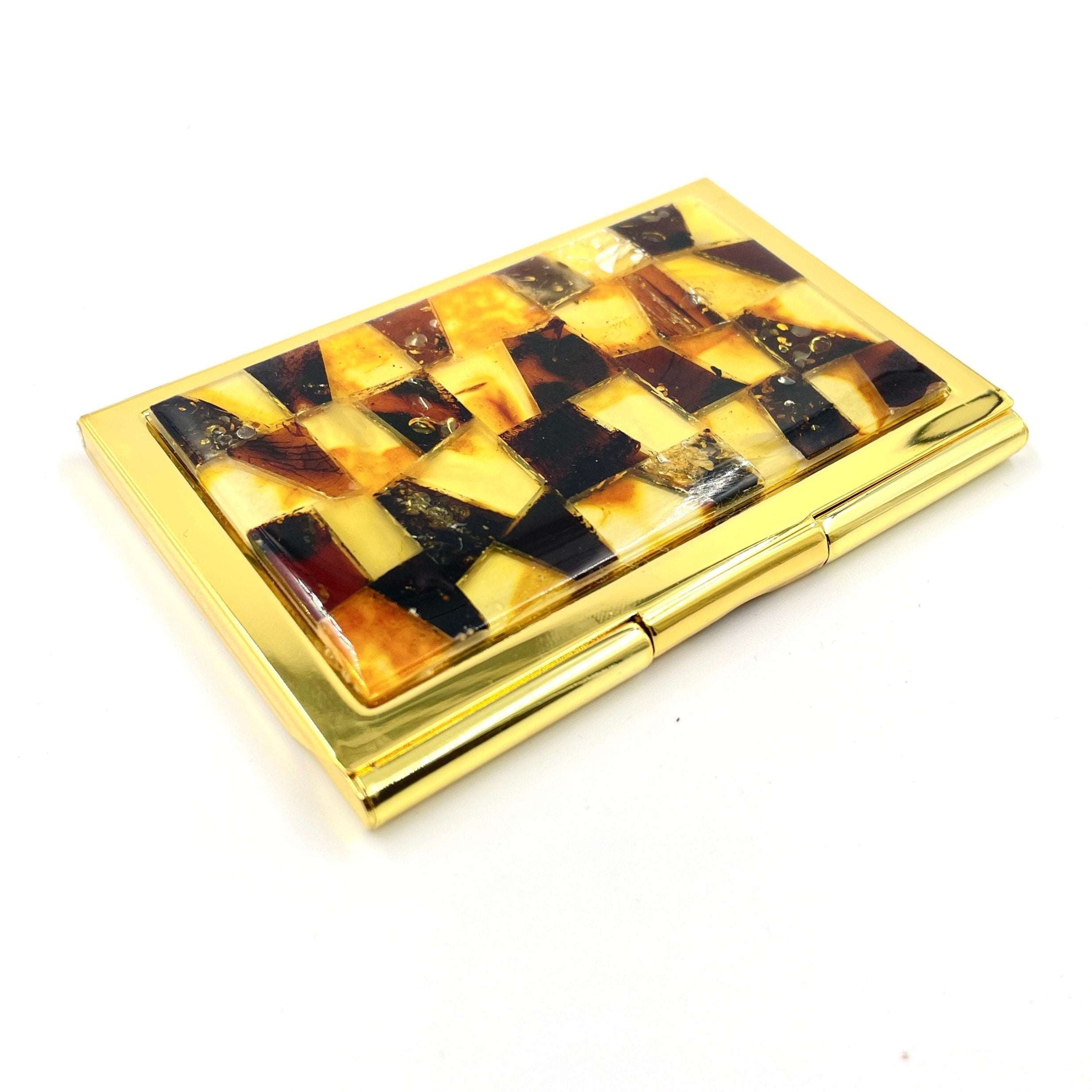 Golden Business Card Holder With Natural Amber Accent