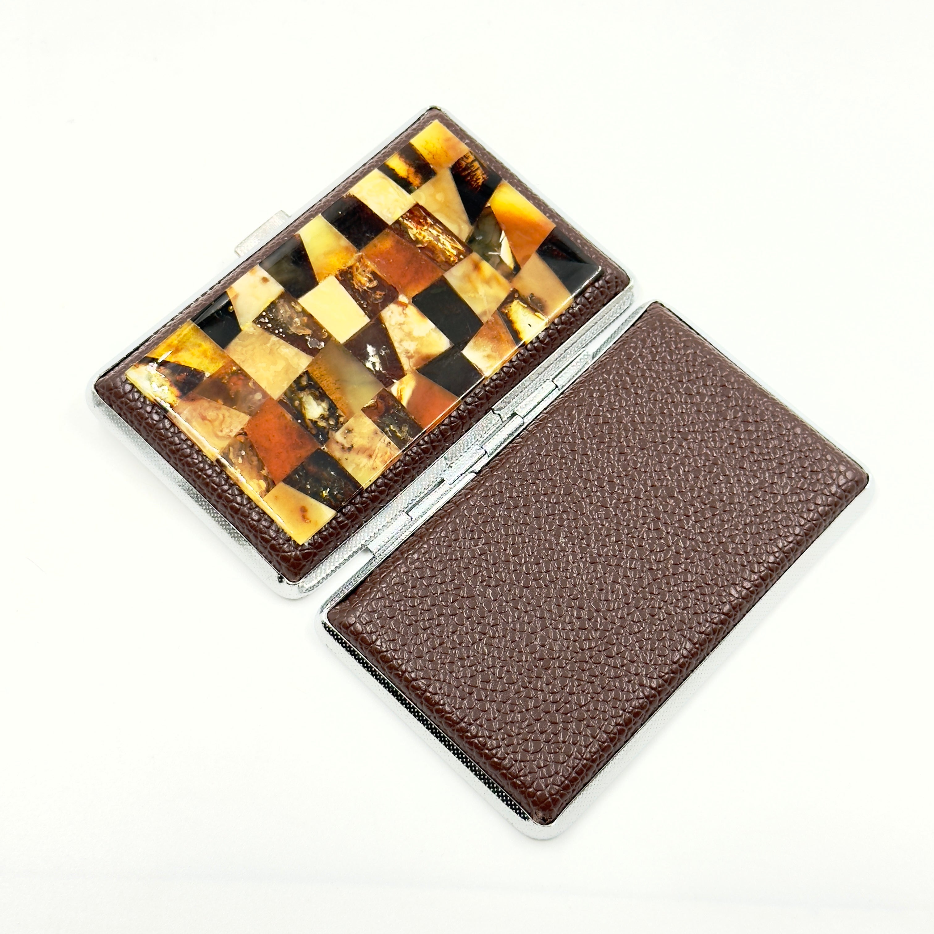 Cigarette case decorated with Baltic amber, Cigarette holder, Amber mosaic box, Cigarette storage, Decorative metal box gift for a smoker