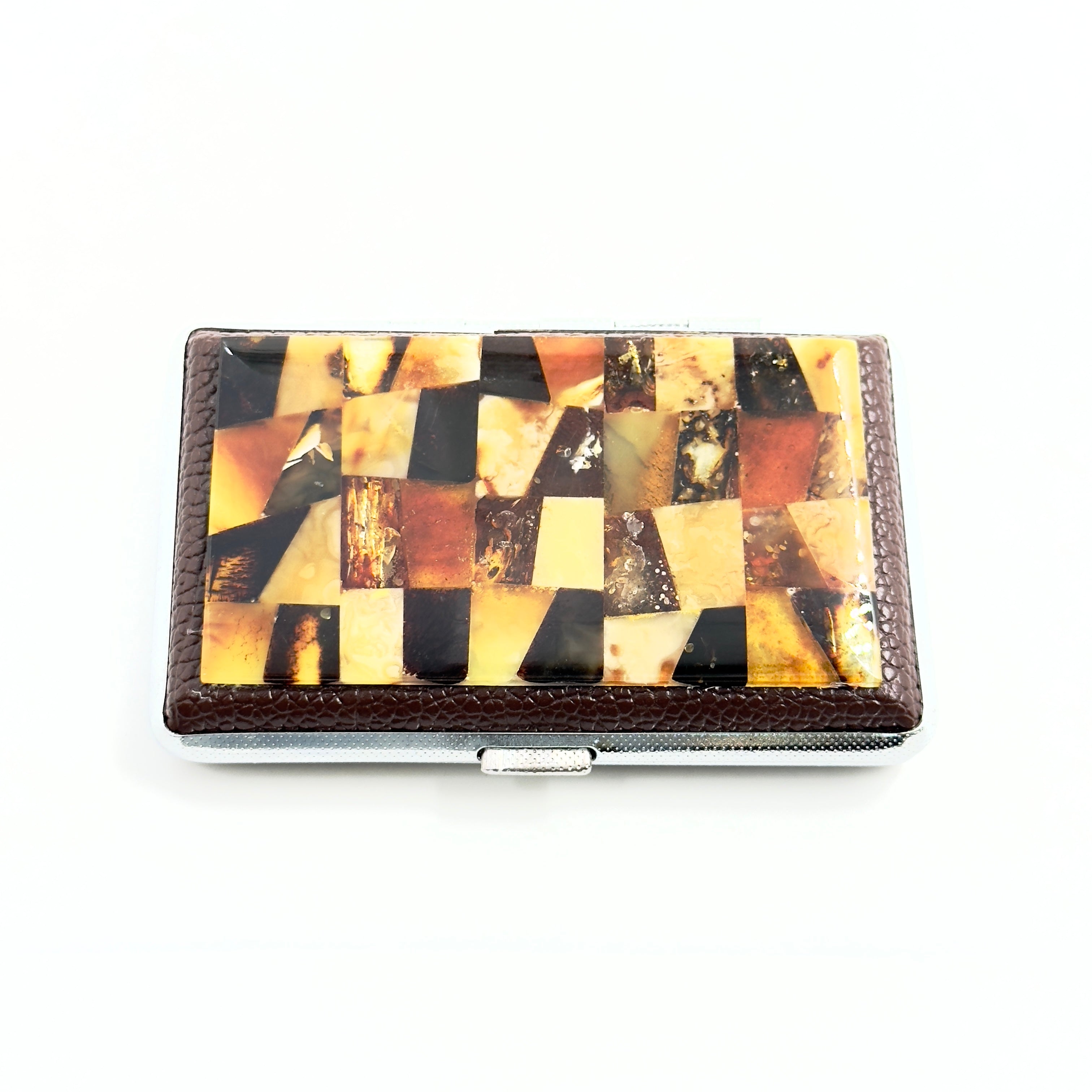 Cigarette case decorated with Baltic amber, Cigarette holder, Amber mosaic box, Cigarette storage, Decorative metal box gift for a smoker