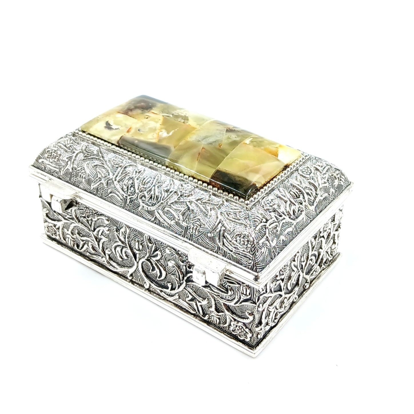 Decorative Silver Jewelry Box with Green Amber