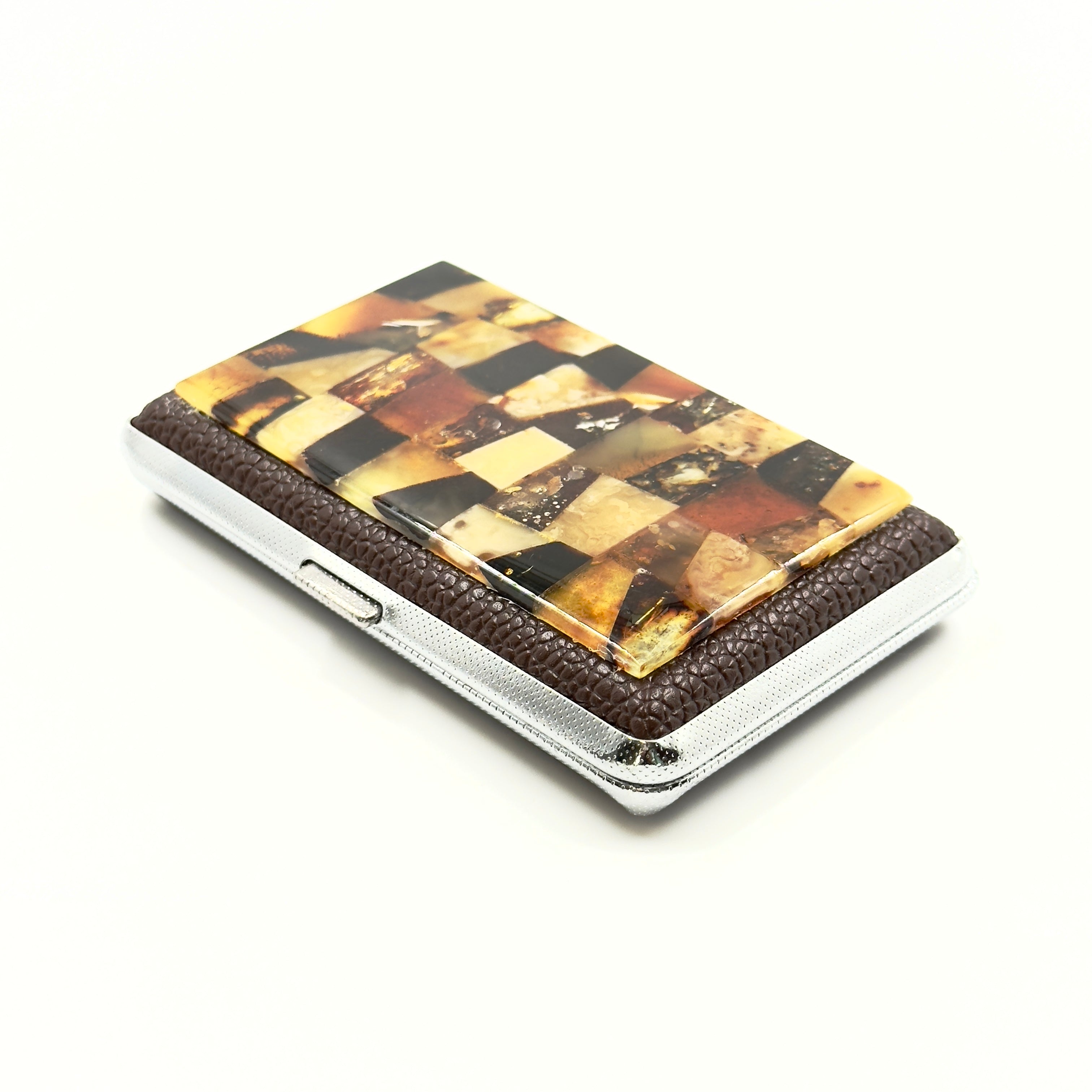 Cigarette case decorated with Baltic amber, Cigarette holder, Amber mosaic box, Cigarette storage, Decorative metal box gift for a smoker