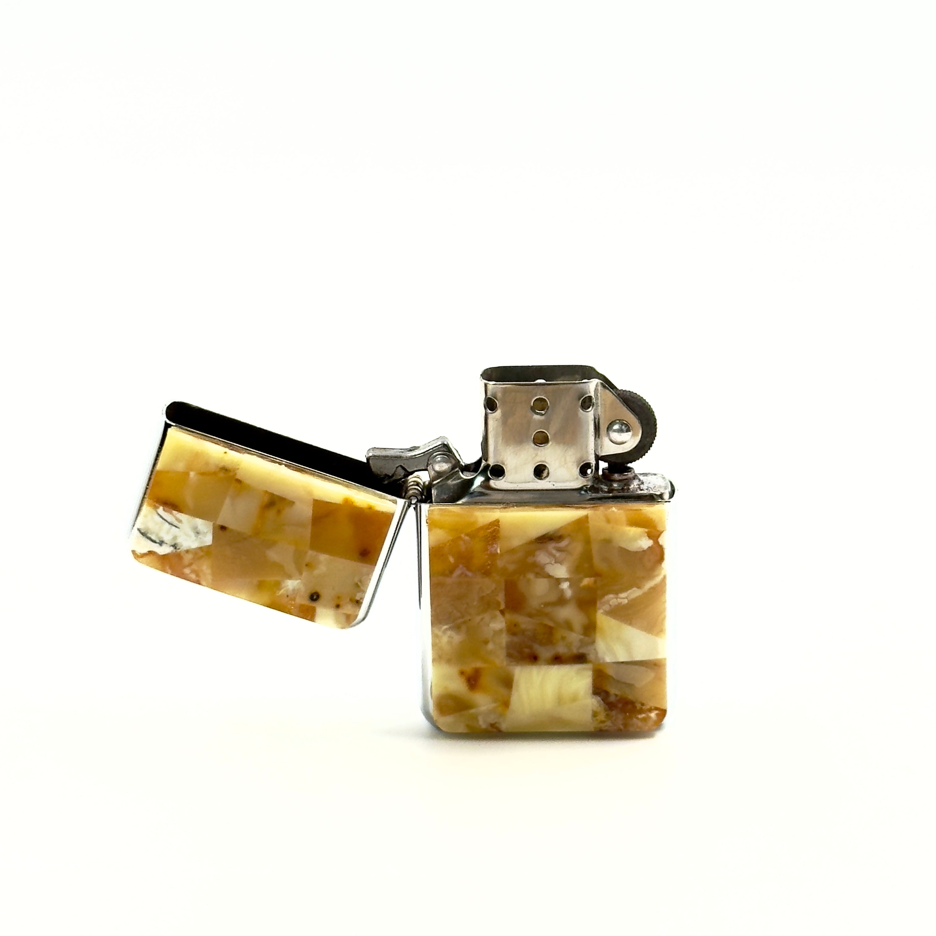 Elegant Amber Lighter With White Stone Inlay – Handcrafted Accessory