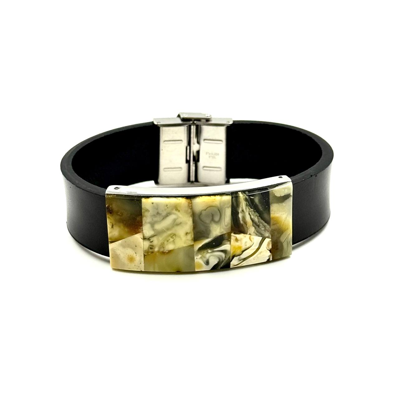Elegant wide leather bracelet with exclusive pattern and natural green and white amber stones from Lithuania