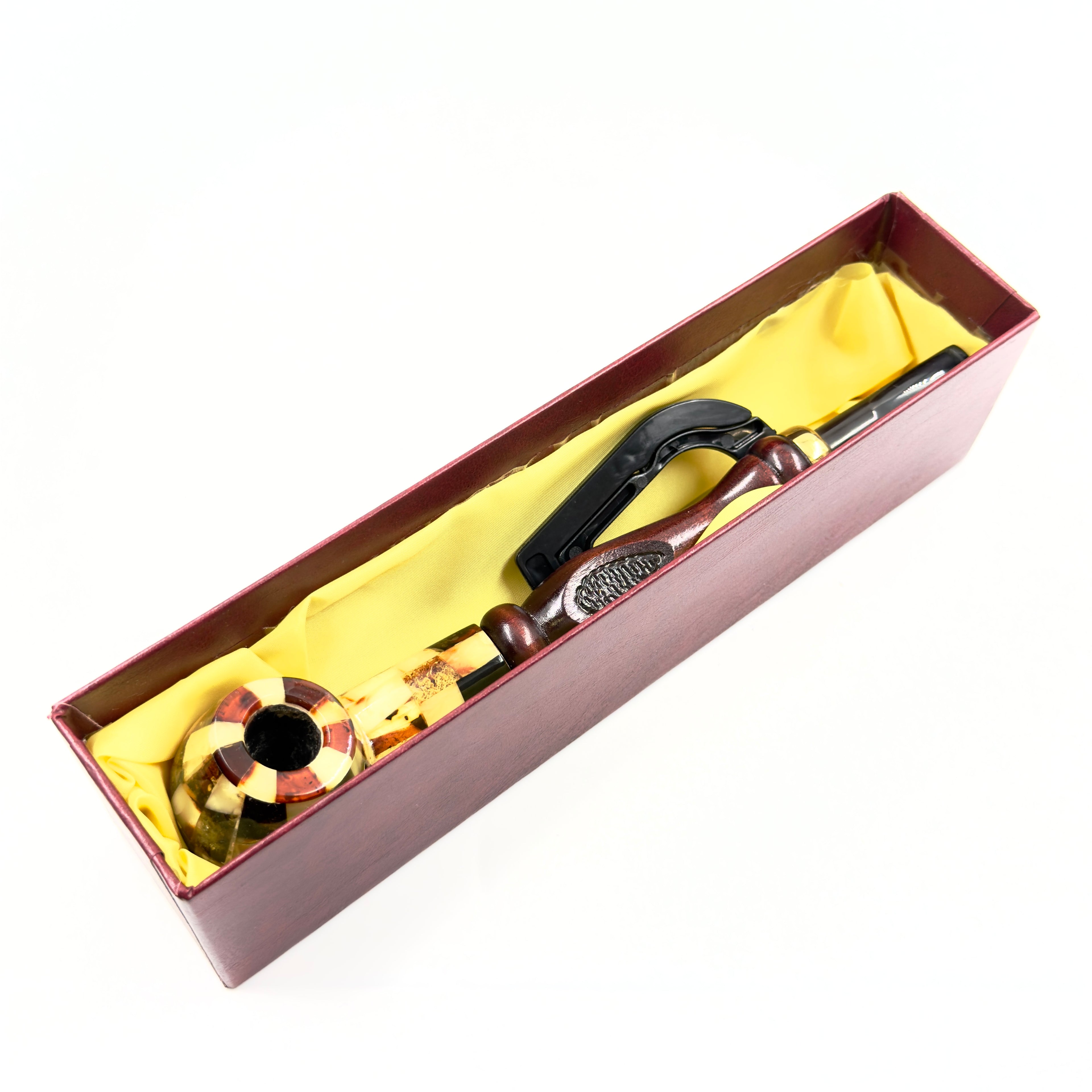 Exclusive Handcrafted Amber Pipe – Wooden Design With Unique Stone Accent