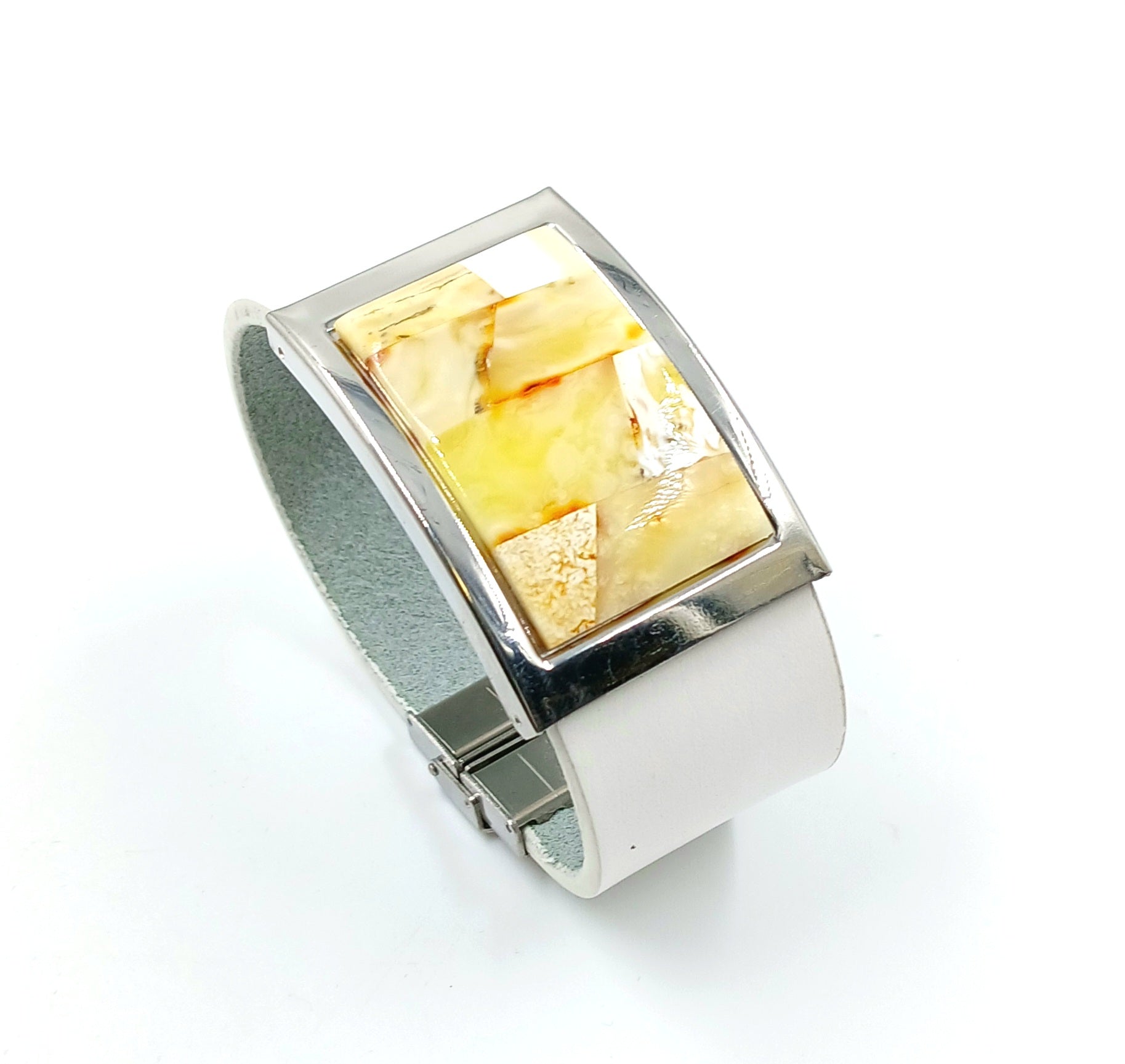 White Leather Bracelet with White Amber