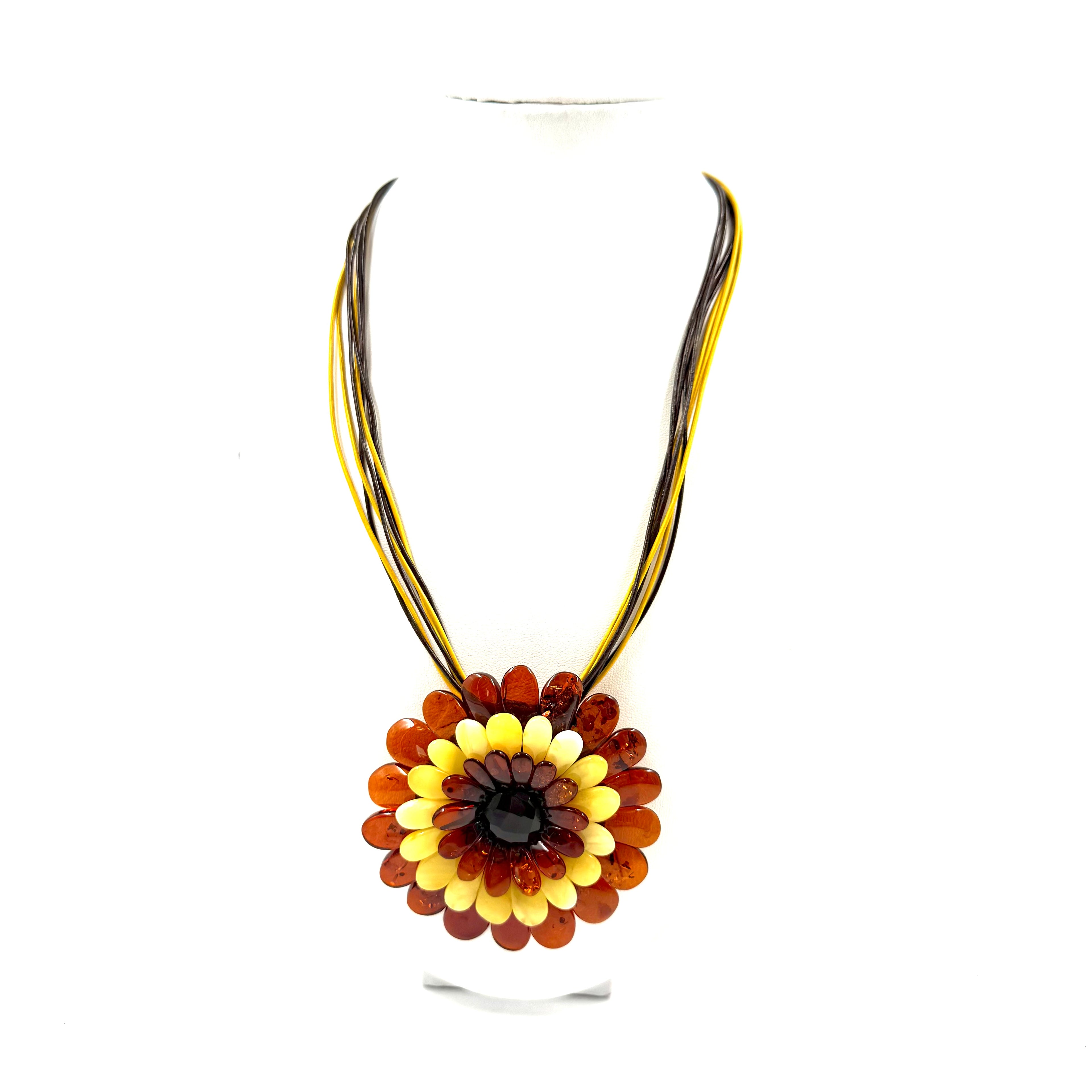 Handmade Flower-Shaped Brooch with Yellow, Red and Black Petals, Tied with Ribbons- a Unique Accessory or Neck Decoration