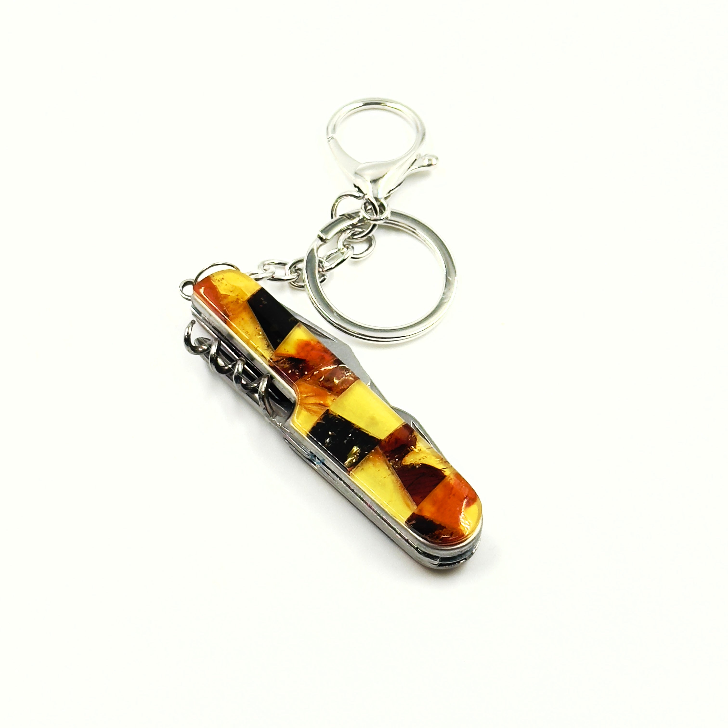 Multi-tool pocket knife with Baltic amber mosaic handle featuring knife, screwdriver, can opener and corkscrew