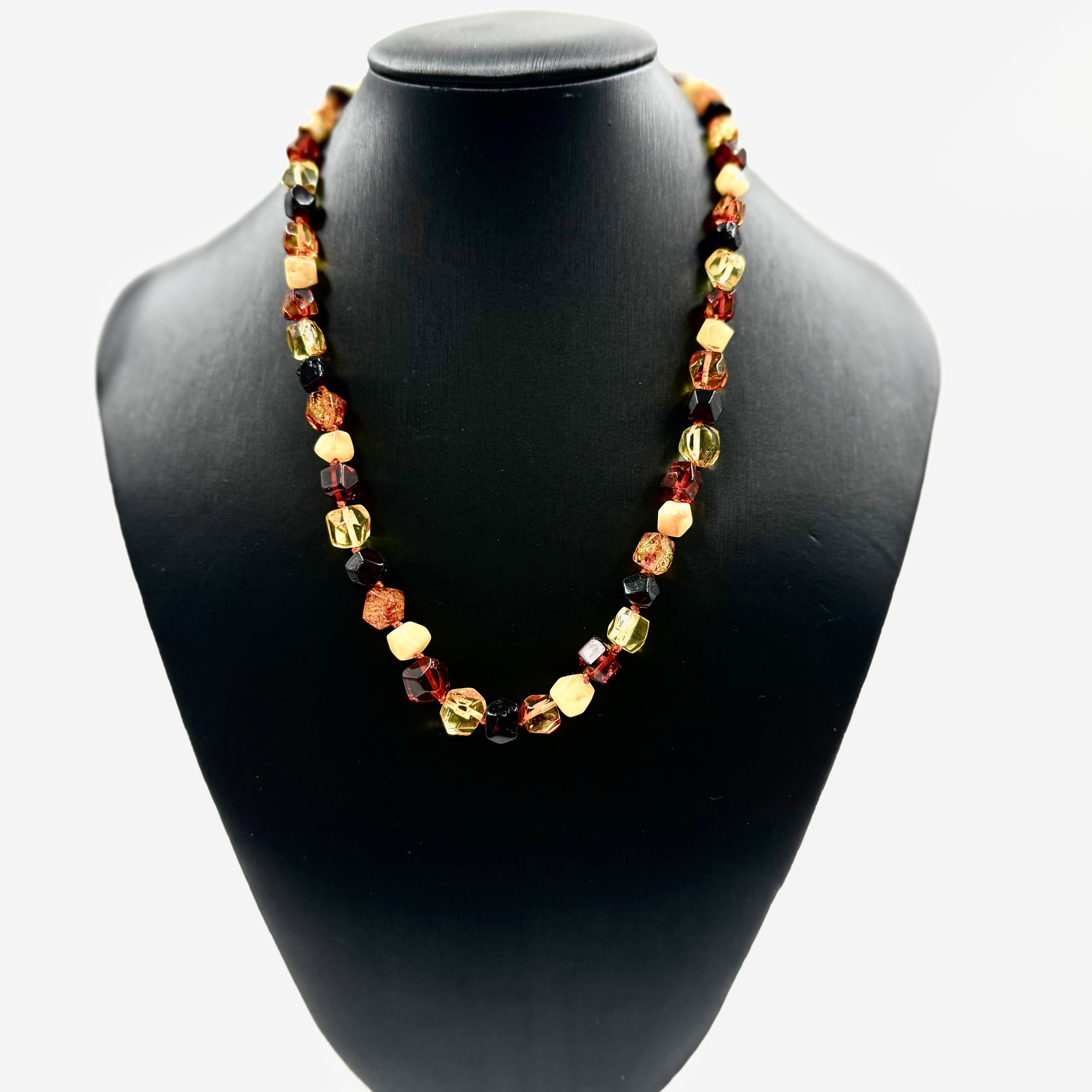Necklace Made of Natural Baltci Amber Beads in Mixed Colors- yellow, cognac, dark brown and Irregular Shapes.