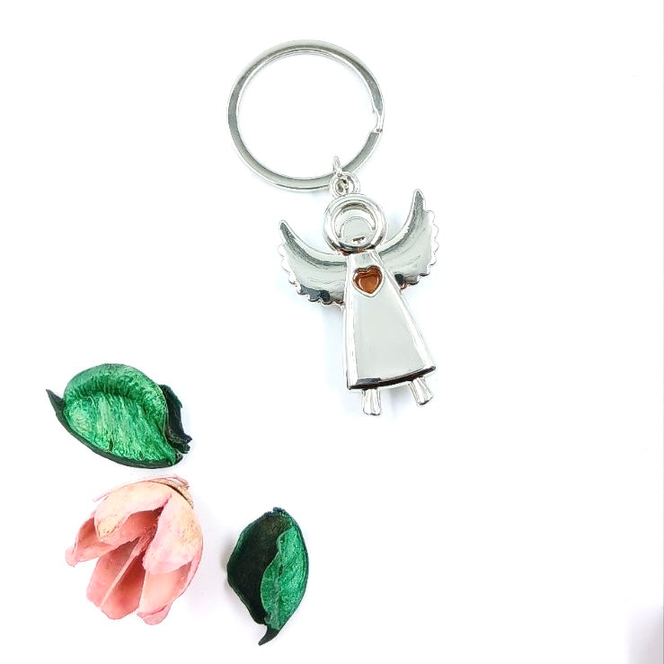 Stainless steel angel keychain with amber - handmade in Lithuania