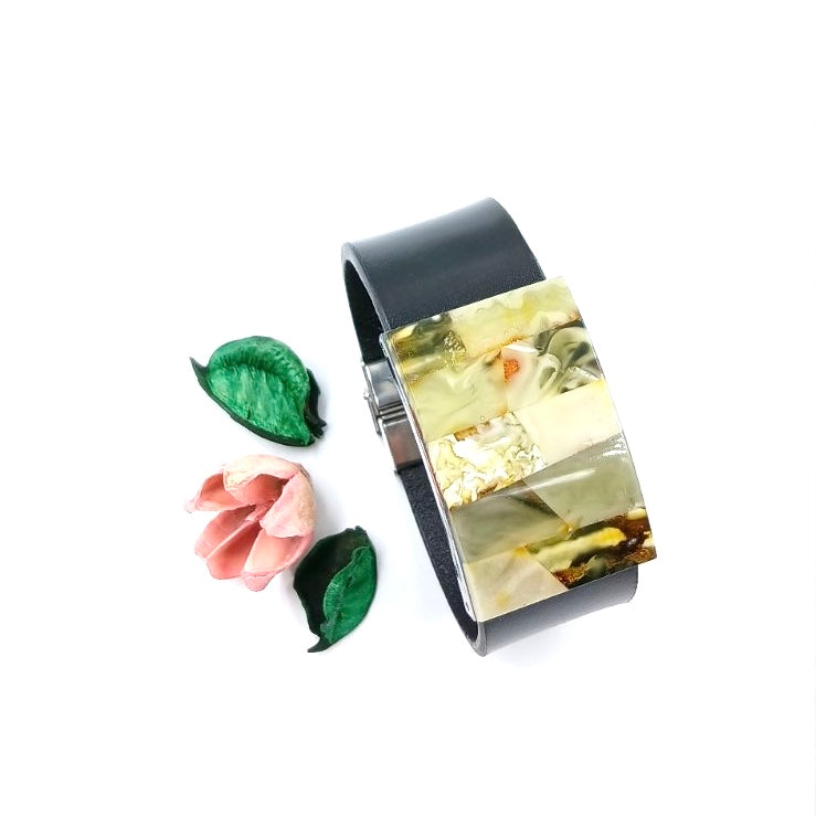 Wide leather bracelet with natural Baltic amber stones and stainless steel clasp