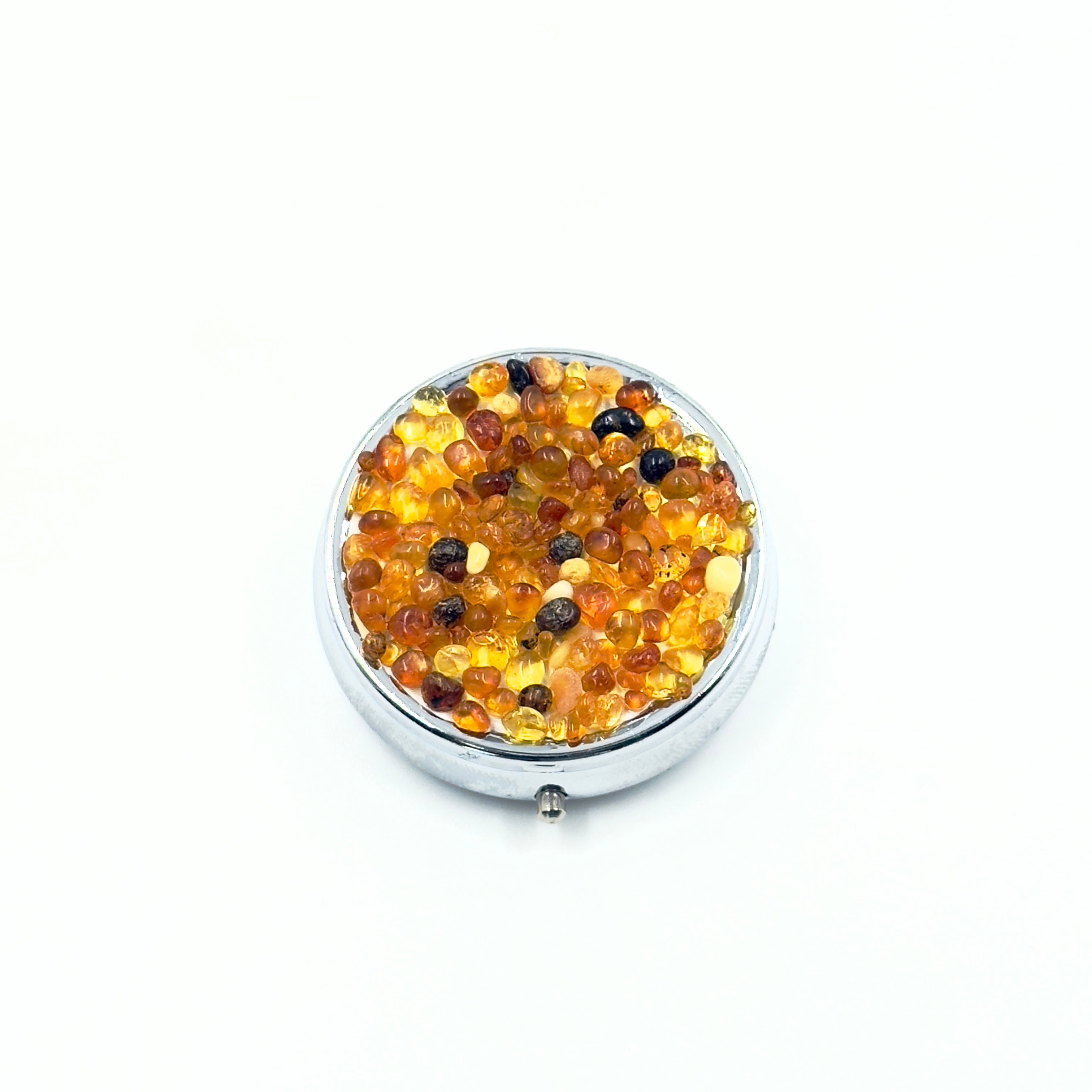 Mini Round Travel Pill Box With Amber Pieces