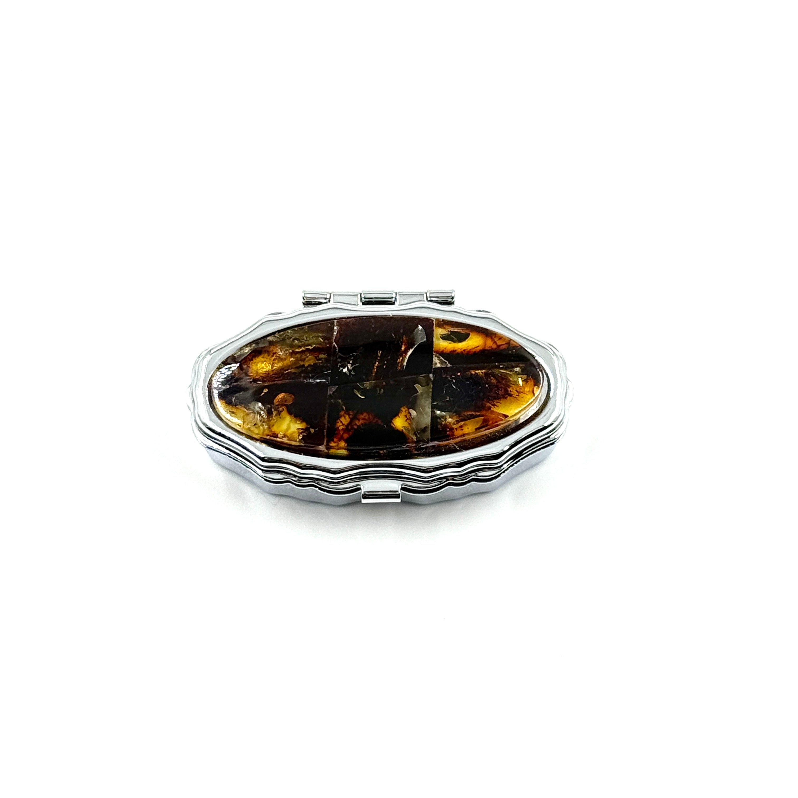 Small Travel Pill Box With Black Amber