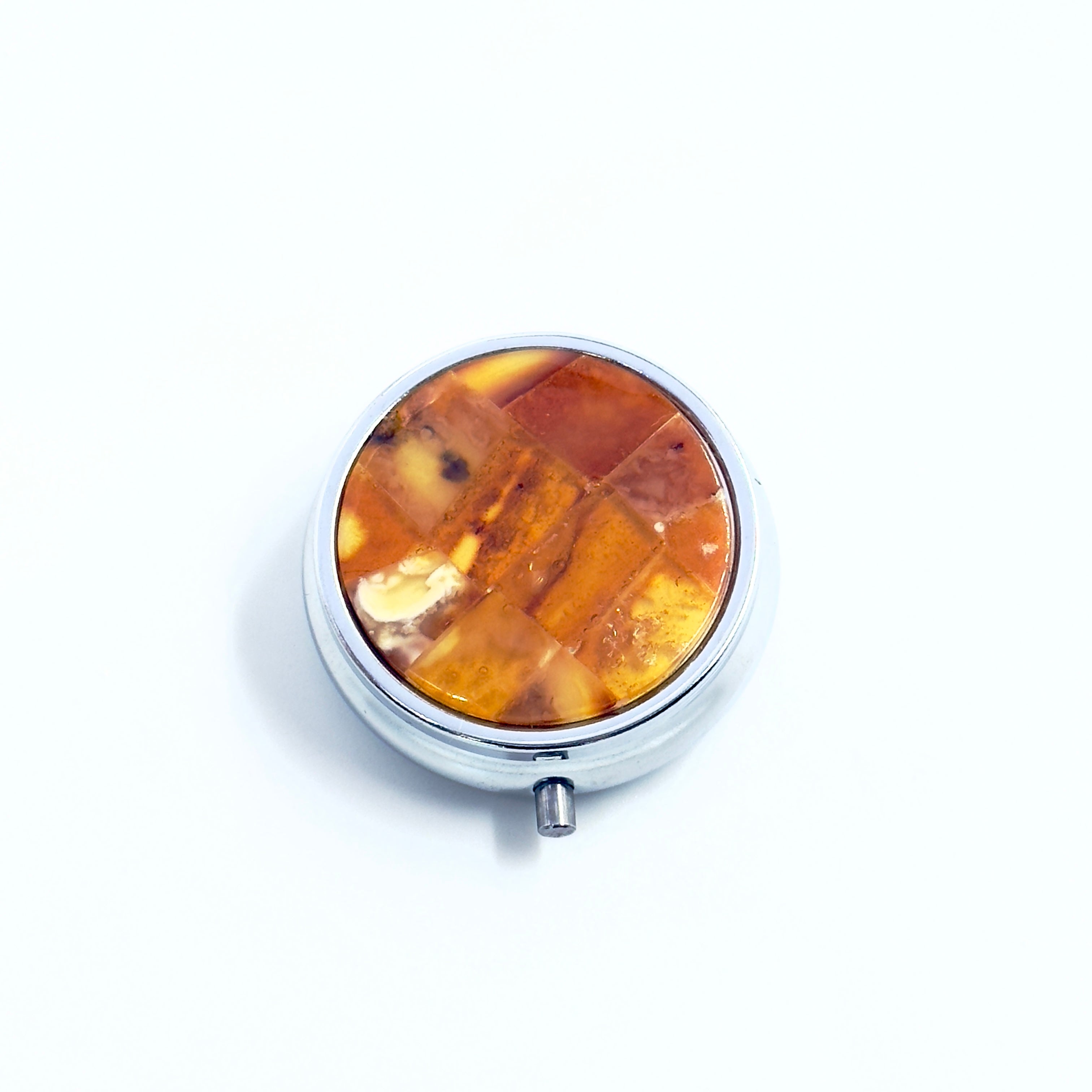 Mini Round Travel Pill Box With Cognac Amber