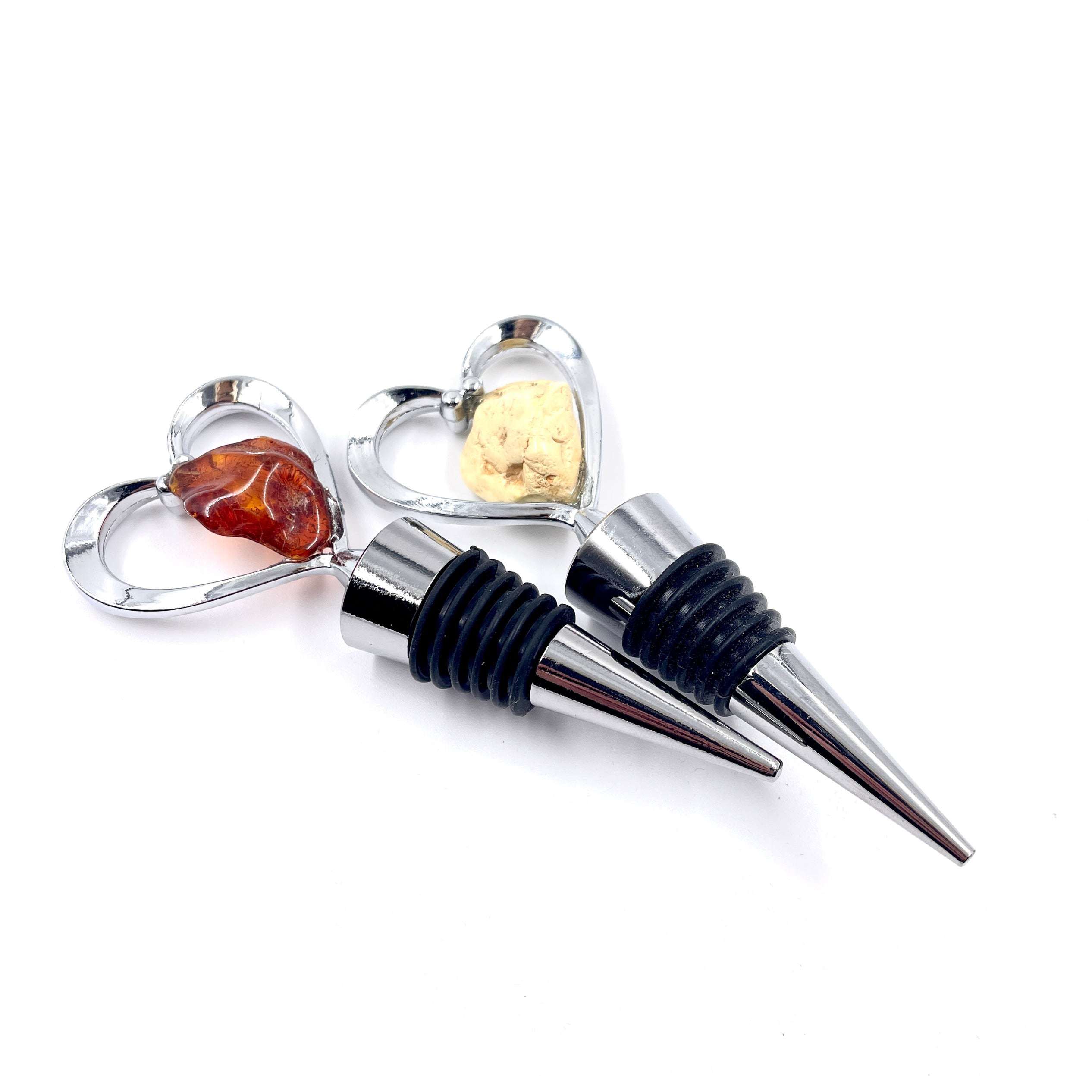 brown and white amber cork stainless steel heart