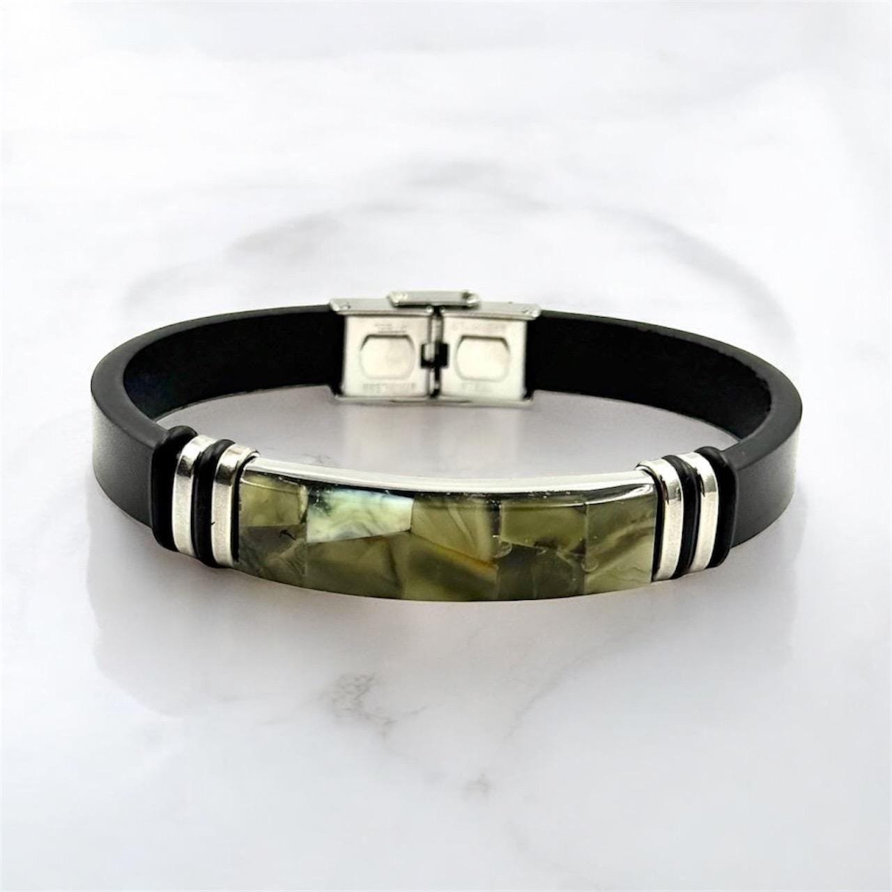 Leather Bracelet with Green Amber