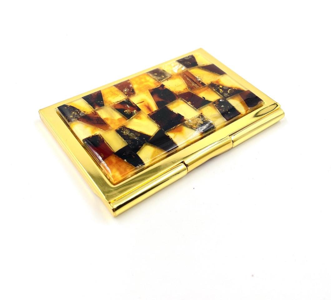 Handmade mosaic Baltic amber business card case with natural amber inlay