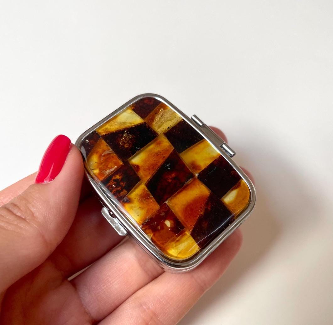 Handcrafted amber medicine box mosaic Baltic amber pill case