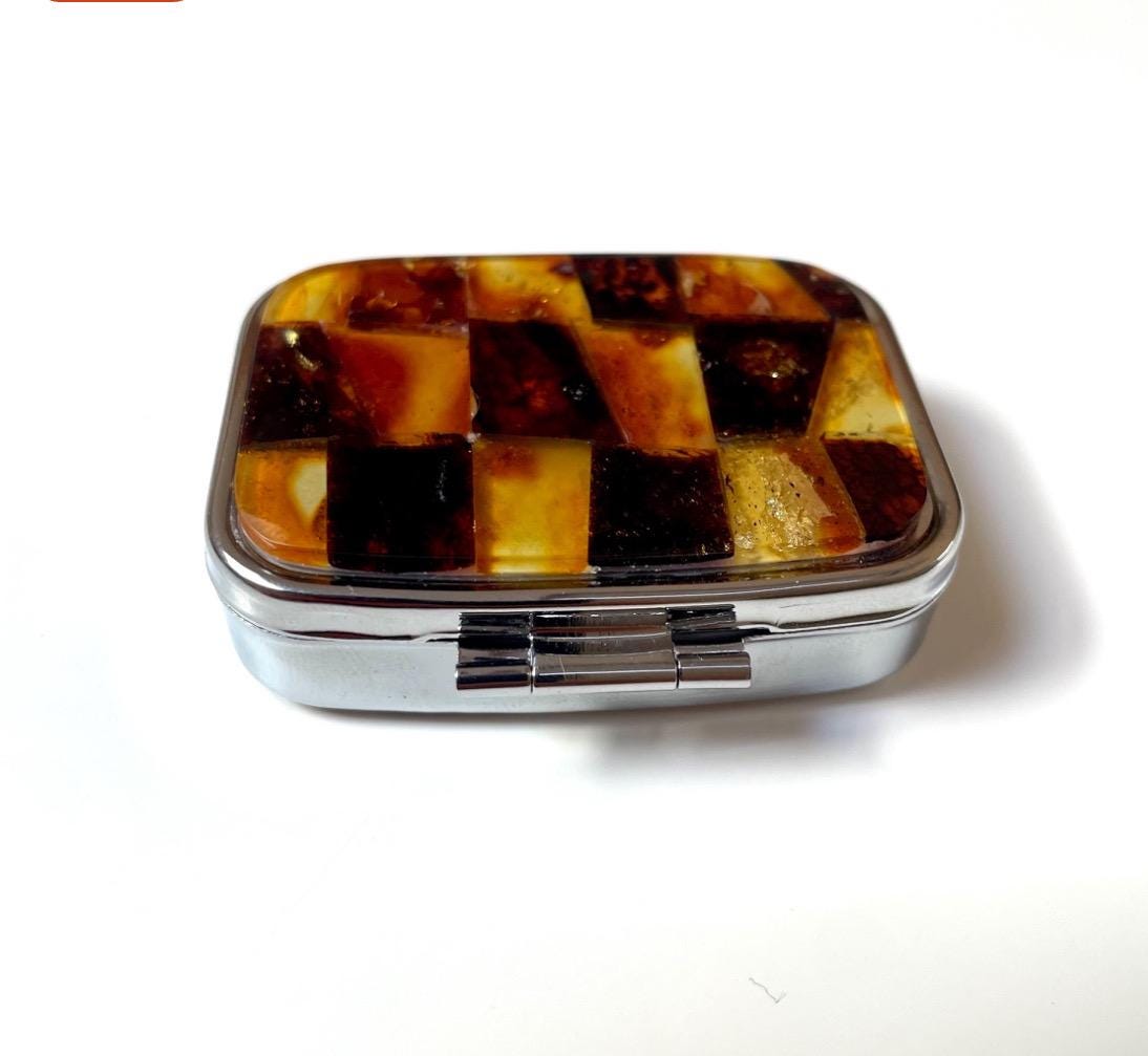 Natural Baltic amber pill box small stainless steel medicine container