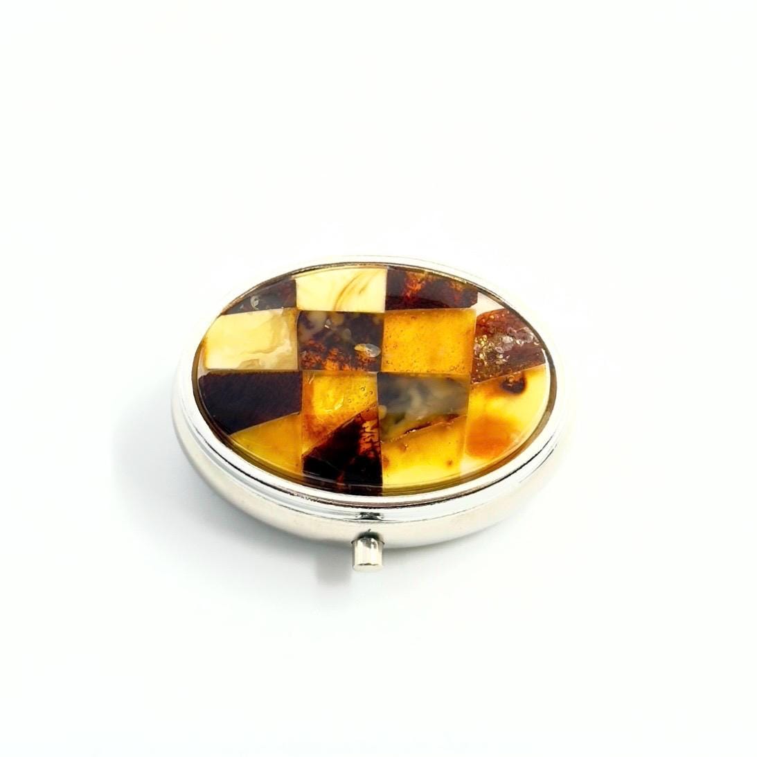 Handcrafted amber medicine box with unique mixed amber mosaic pattern