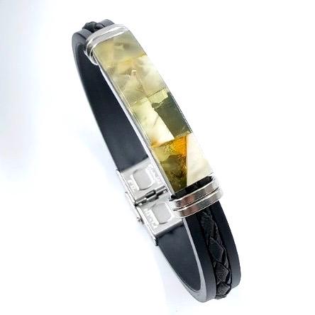 Modern silicone and leather bracelet featuring green Baltic amber accents
