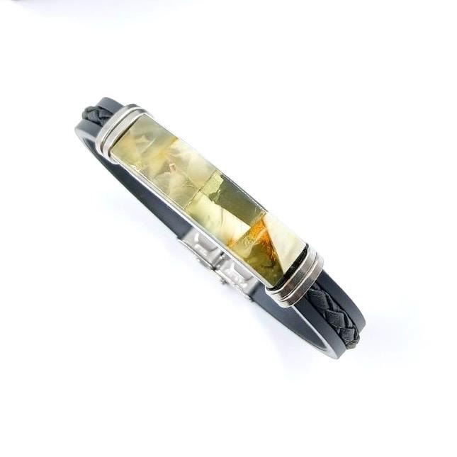 Handcrafted green Baltic amber bracelet with leather for men and women