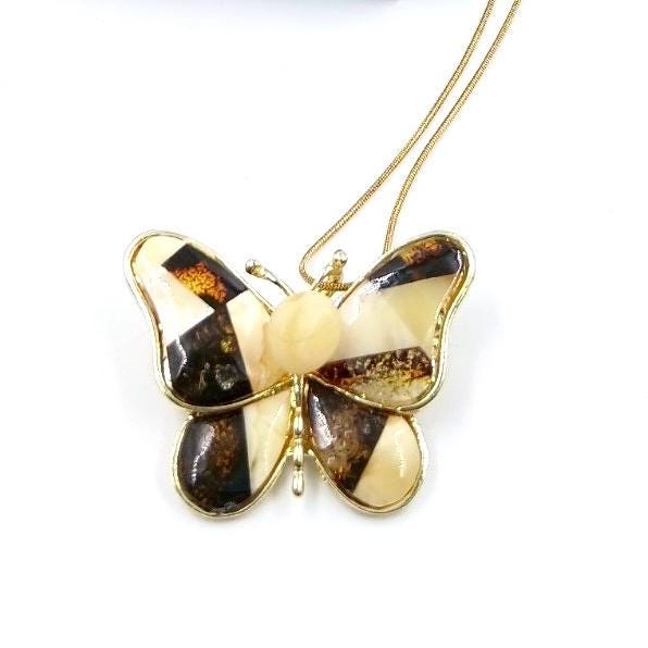 Necklace and brooch combination with genuine amber mosaic, unique artisan piece