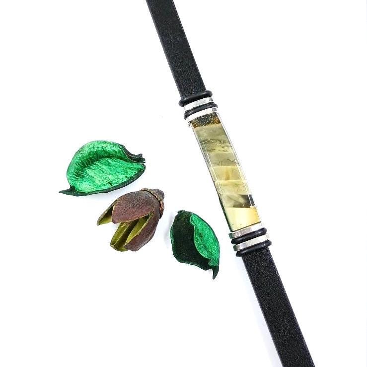 Slim leather bracelet with green amber  stainless steel clasp and minimalist design