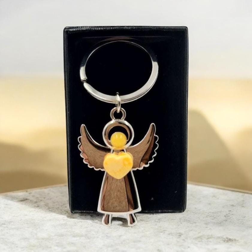 Handcrafted angel keychain with natural Baltic amber and stainless steel