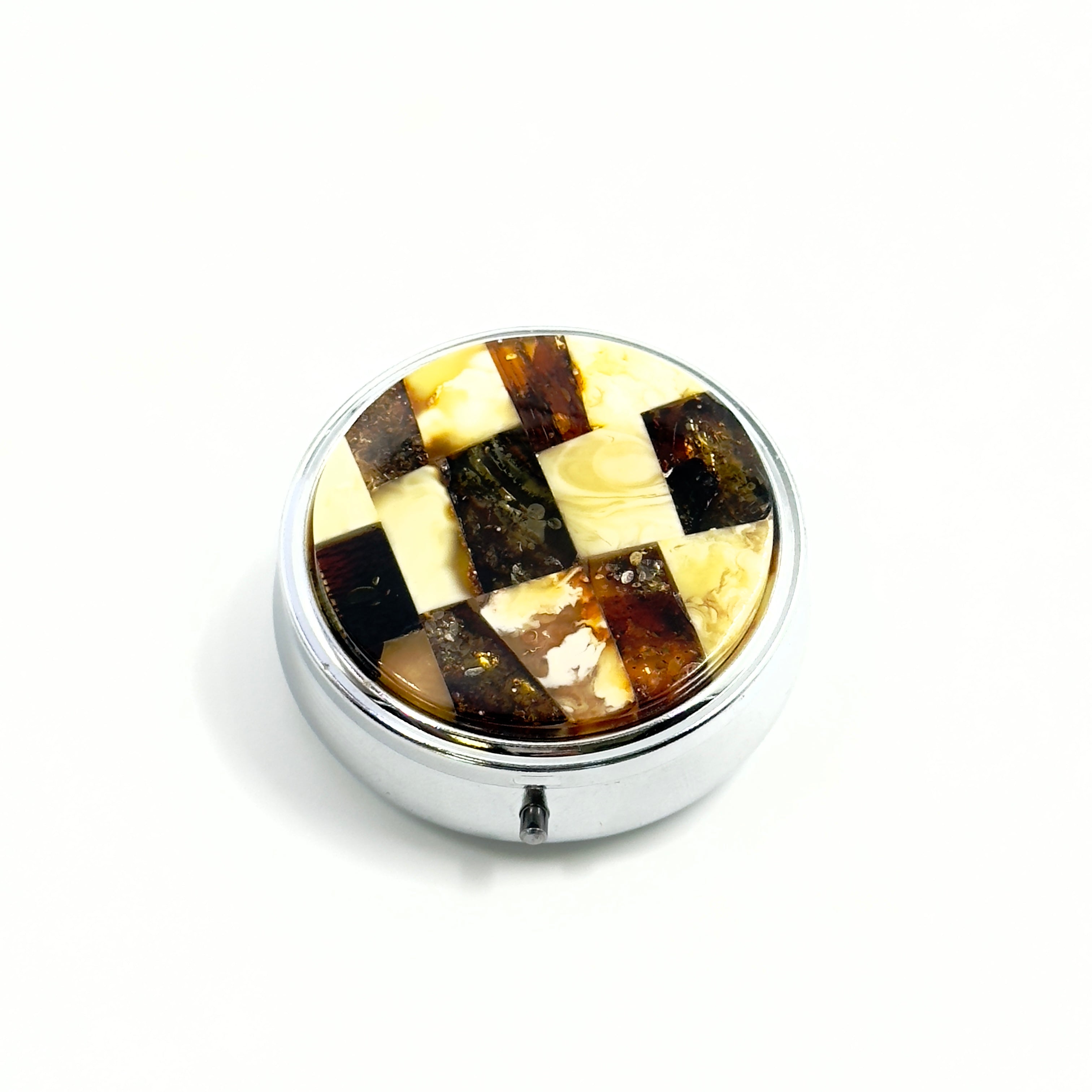 Round Shaped Travel Pill Box With Amber Mosaic