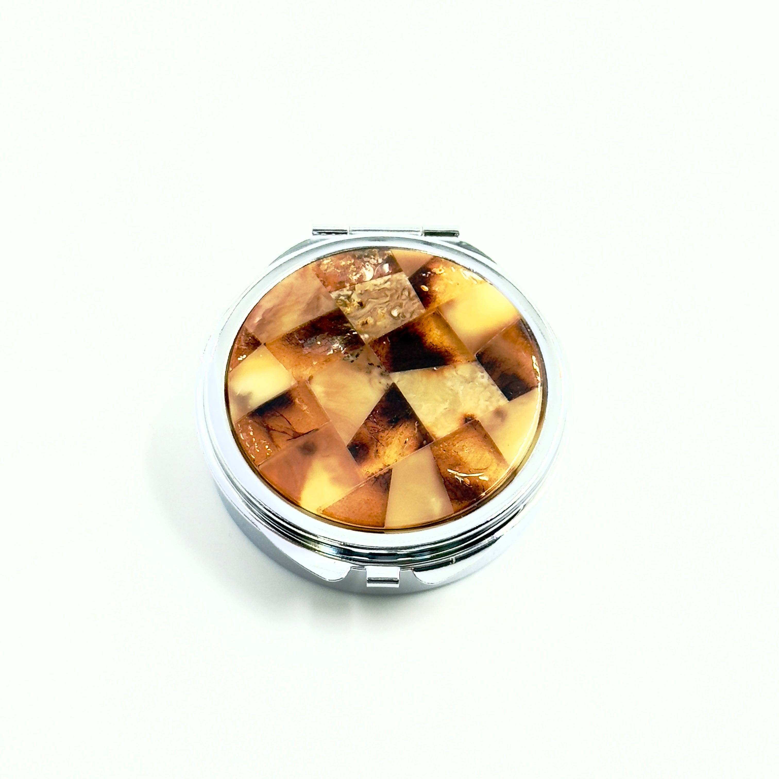 Round Shaped Travel Pill Box With Amber Mosaic