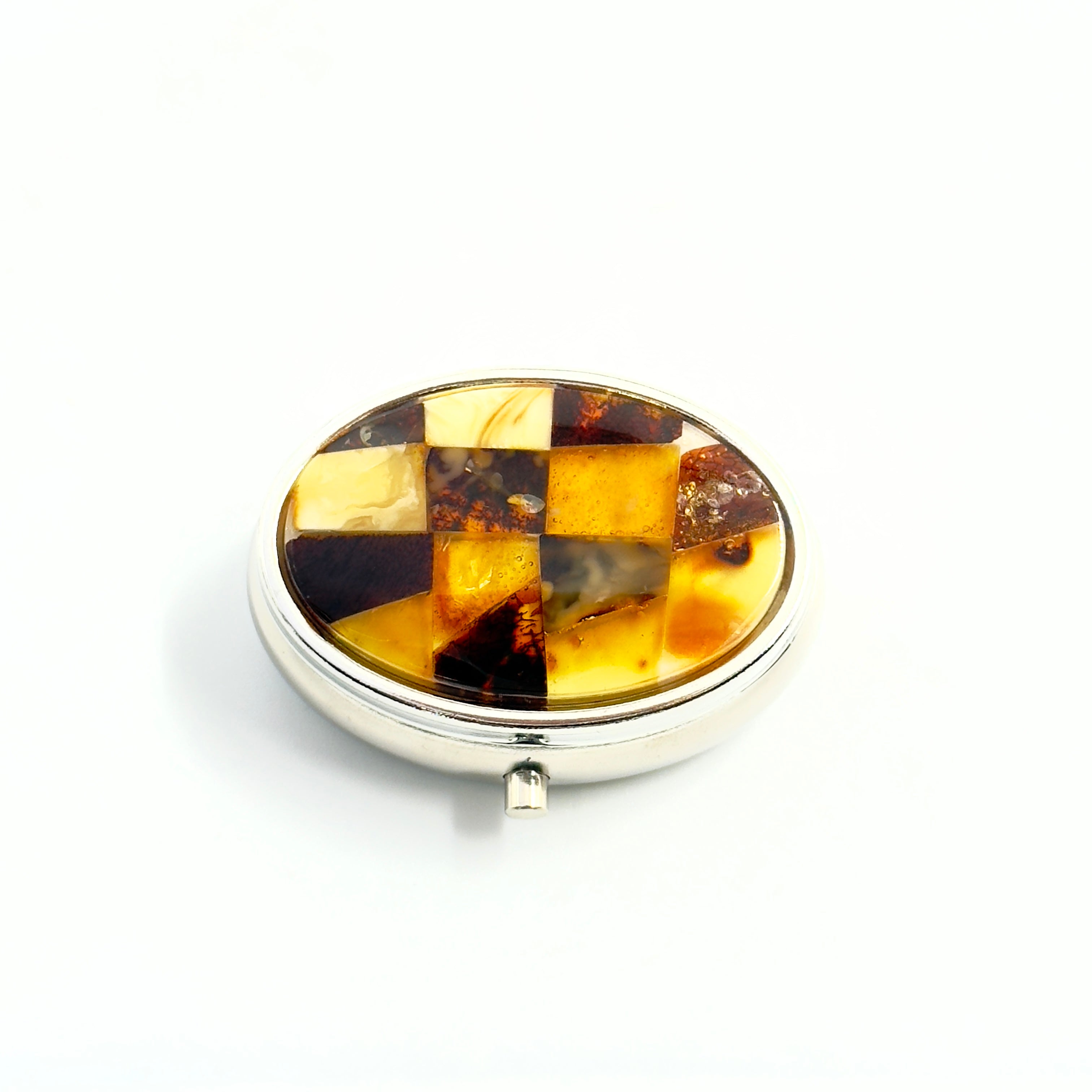 Round Oval Travel Pill Box With Amber Mosaic