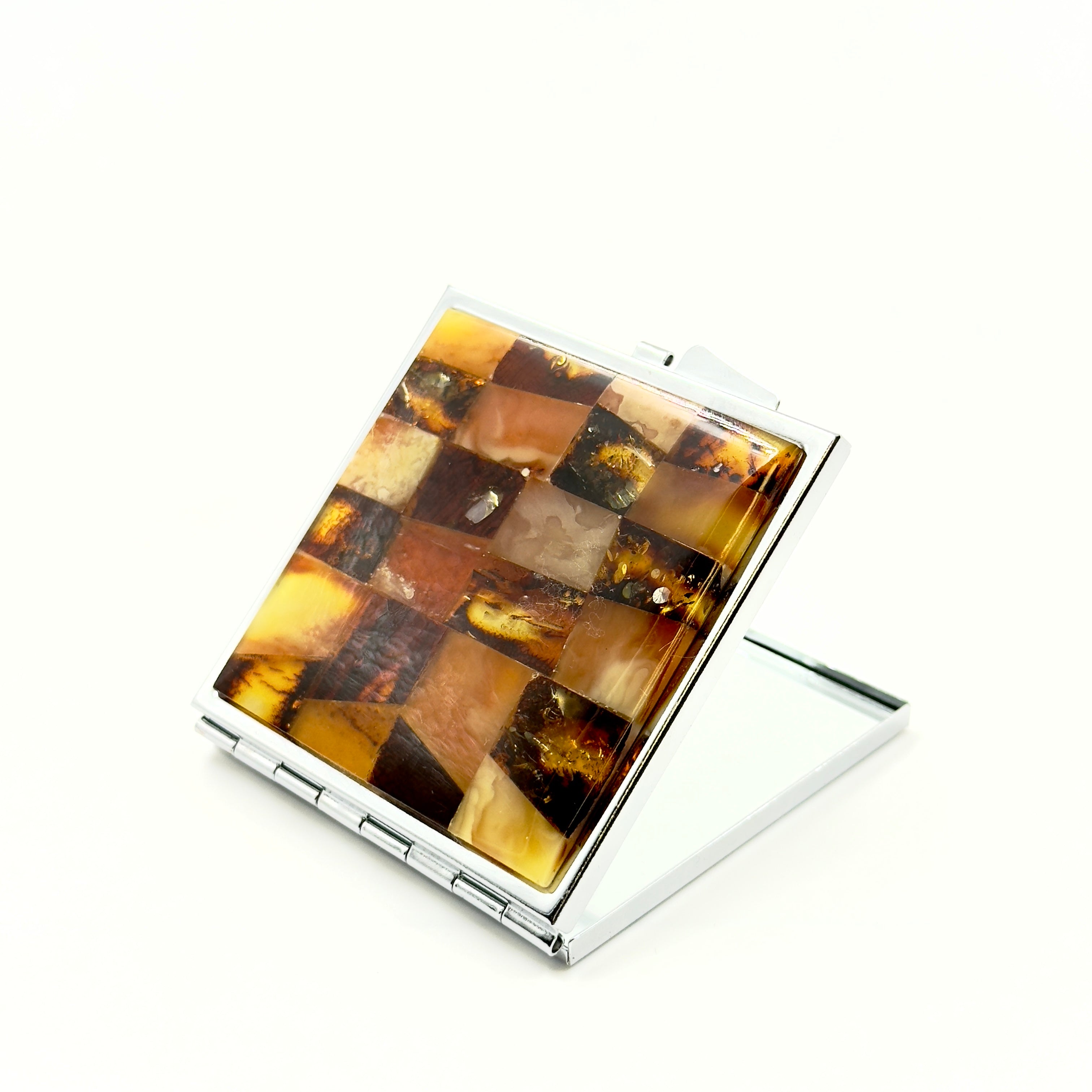 Handcrafted square mirror with mixed Baltic amber mosaic