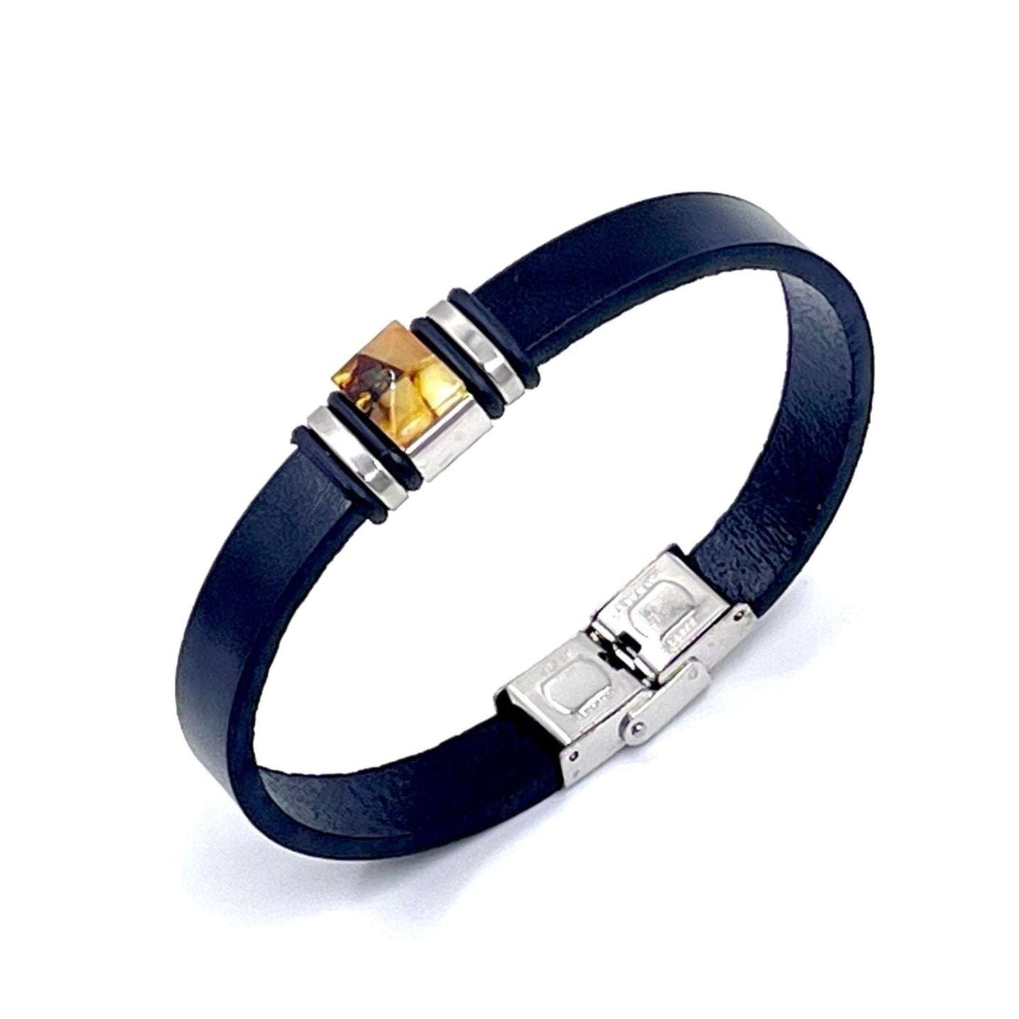 A Black Leather Bracelet with a Silver Clasp and a Small Amber Stone